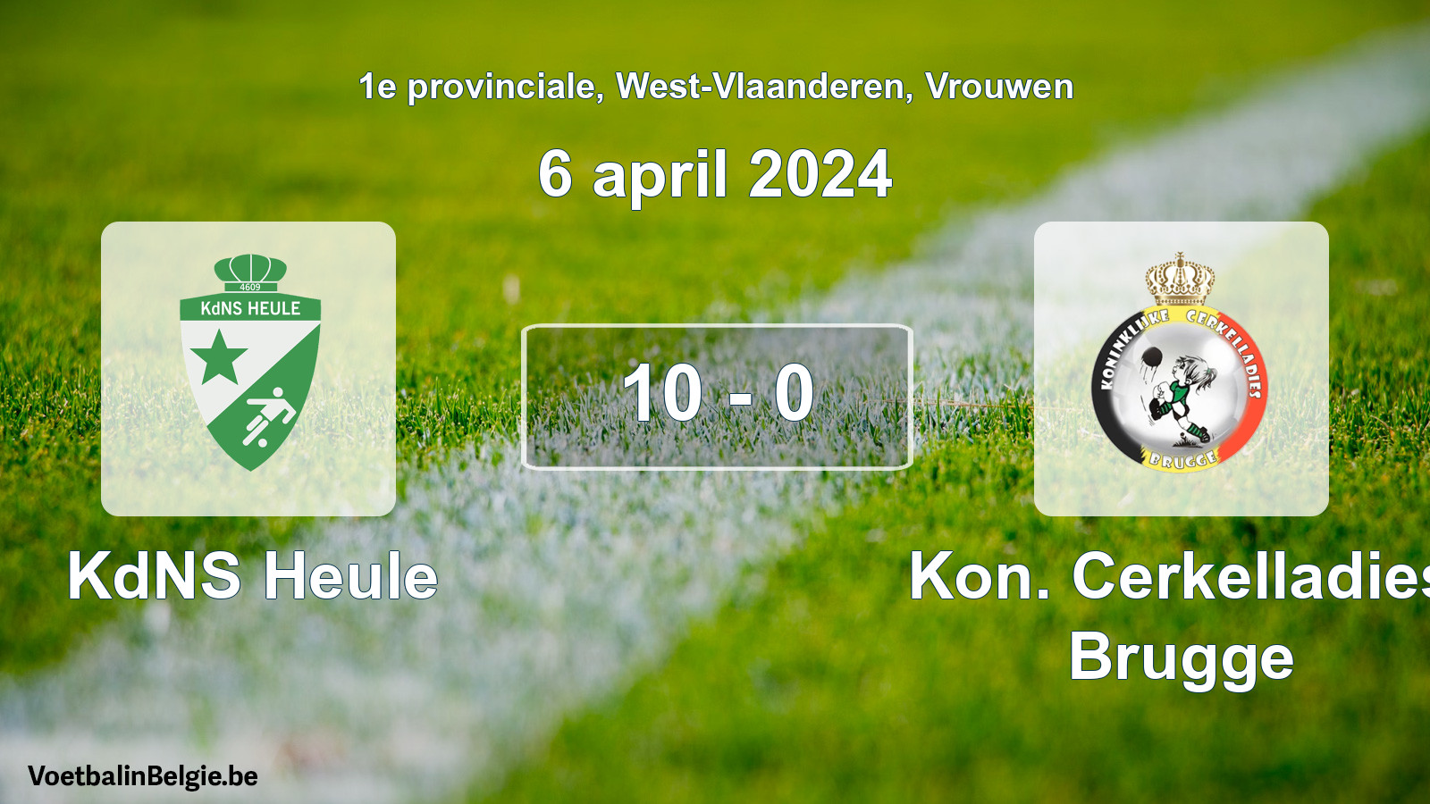 Gespeelde wedstrijd vrouwenvoetbal: KdNS Heule - Kon. Cerkelladies Brugge 10 - 0 (6 april 2024)