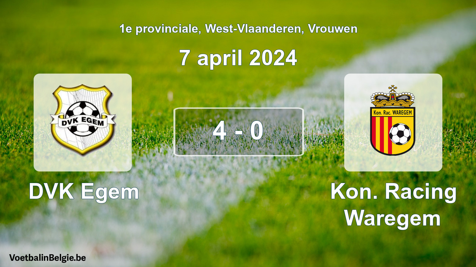 Gespeelde wedstrijd vrouwenvoetbal: DVK Egem - Kon. Racing Waregem 4 - 0 (7 april 2024)
