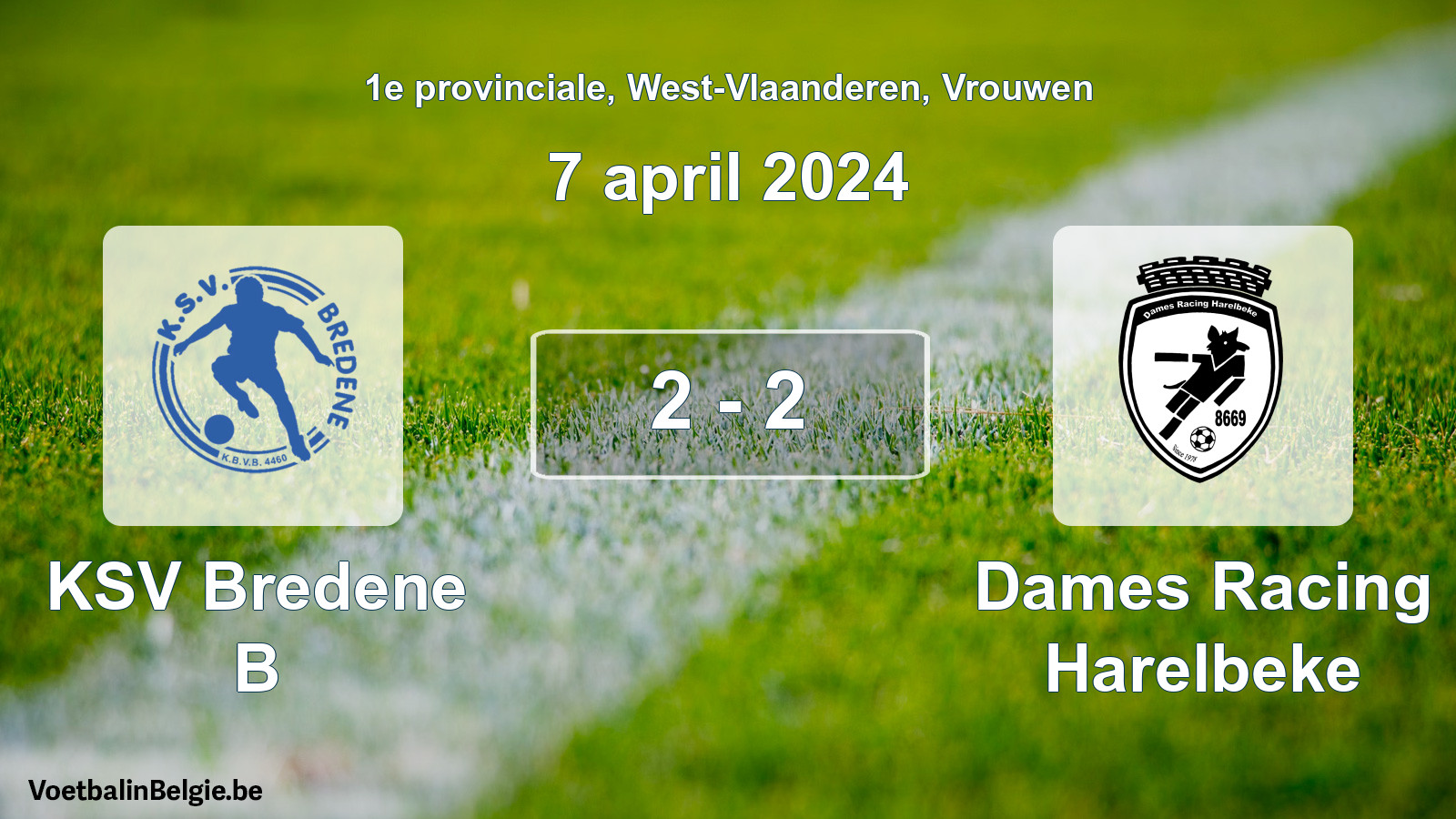Gespeelde wedstrijd vrouwenvoetbal: KSV Bredene B - Dames Racing Harelbeke 2 - 2 (7 april 2024)