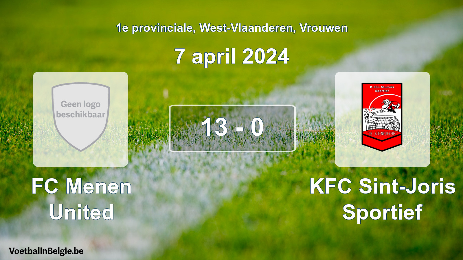Gespeelde wedstrijd vrouwenvoetbal: FC Menen United - KFC Sint-Joris Sportief 13 - 0 (7 april 2024)