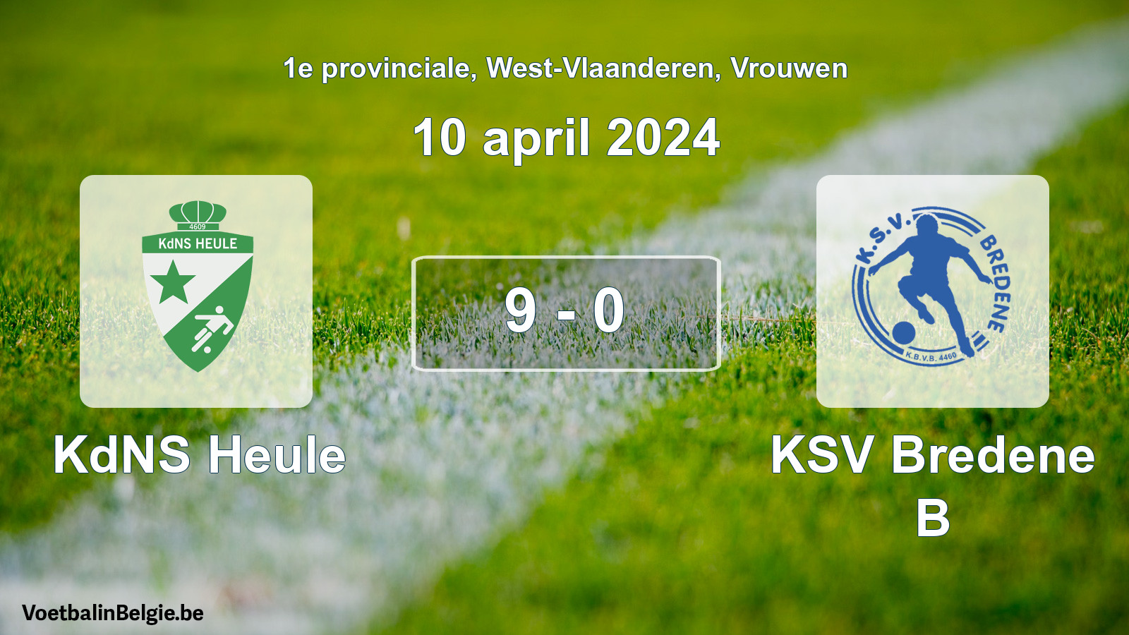 Gespeelde wedstrijd vrouwenvoetbal: KdNS Heule - KSV Bredene B 9 - 0 (10 april 2024)