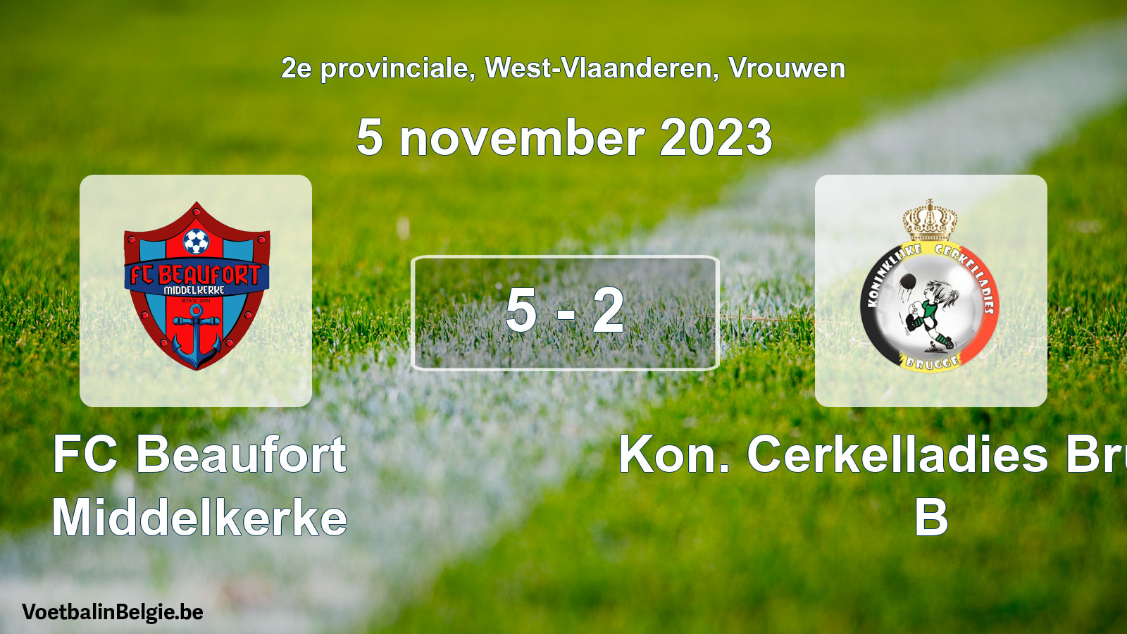 Gespeelde wedstrijd vrouwenvoetbal: FC Beaufort Middelkerke - Kon. Cerkelladies Brugge B 5 - 2 (5 november 2023)
