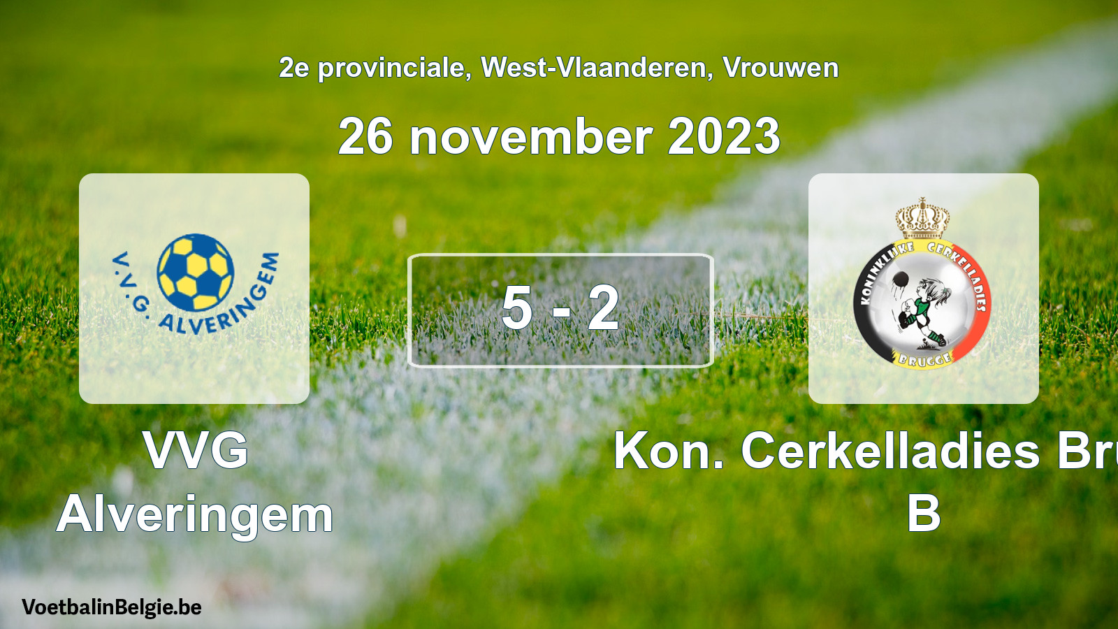 Gespeelde wedstrijd vrouwenvoetbal: VVG Alveringem - Kon. Cerkelladies Brugge B 5 - 2 (26 november 2023)