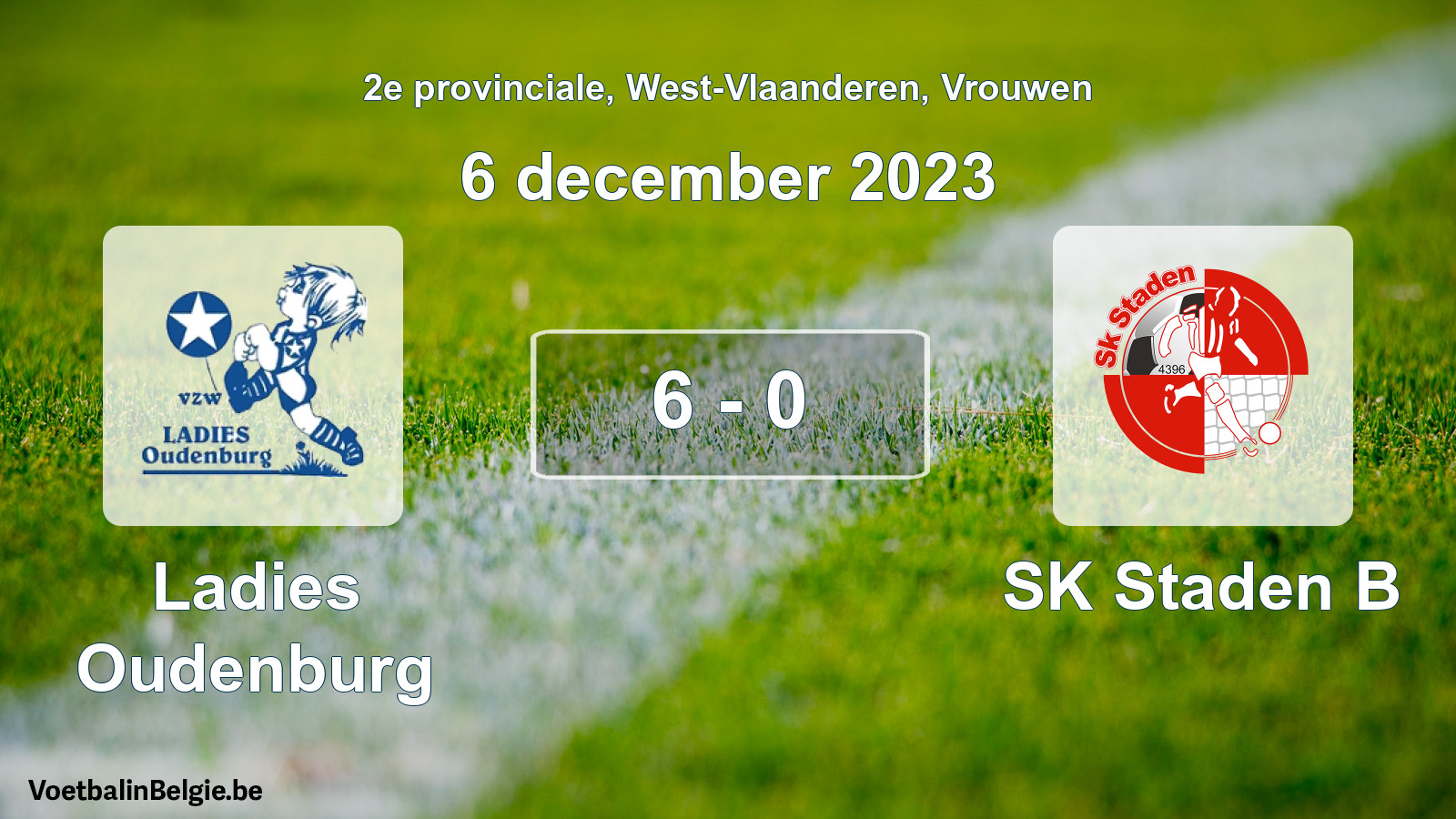 Gespeelde wedstrijd vrouwenvoetbal: Ladies Oudenburg - SK Staden B 6 - 0 (6 december 2023)
