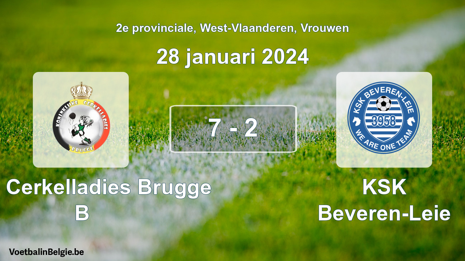 Gespeelde wedstrijd vrouwenvoetbal: Kon. Cerkelladies Brugge B - KSK Beveren-Leie 7 - 2 (28 januari 2024)
