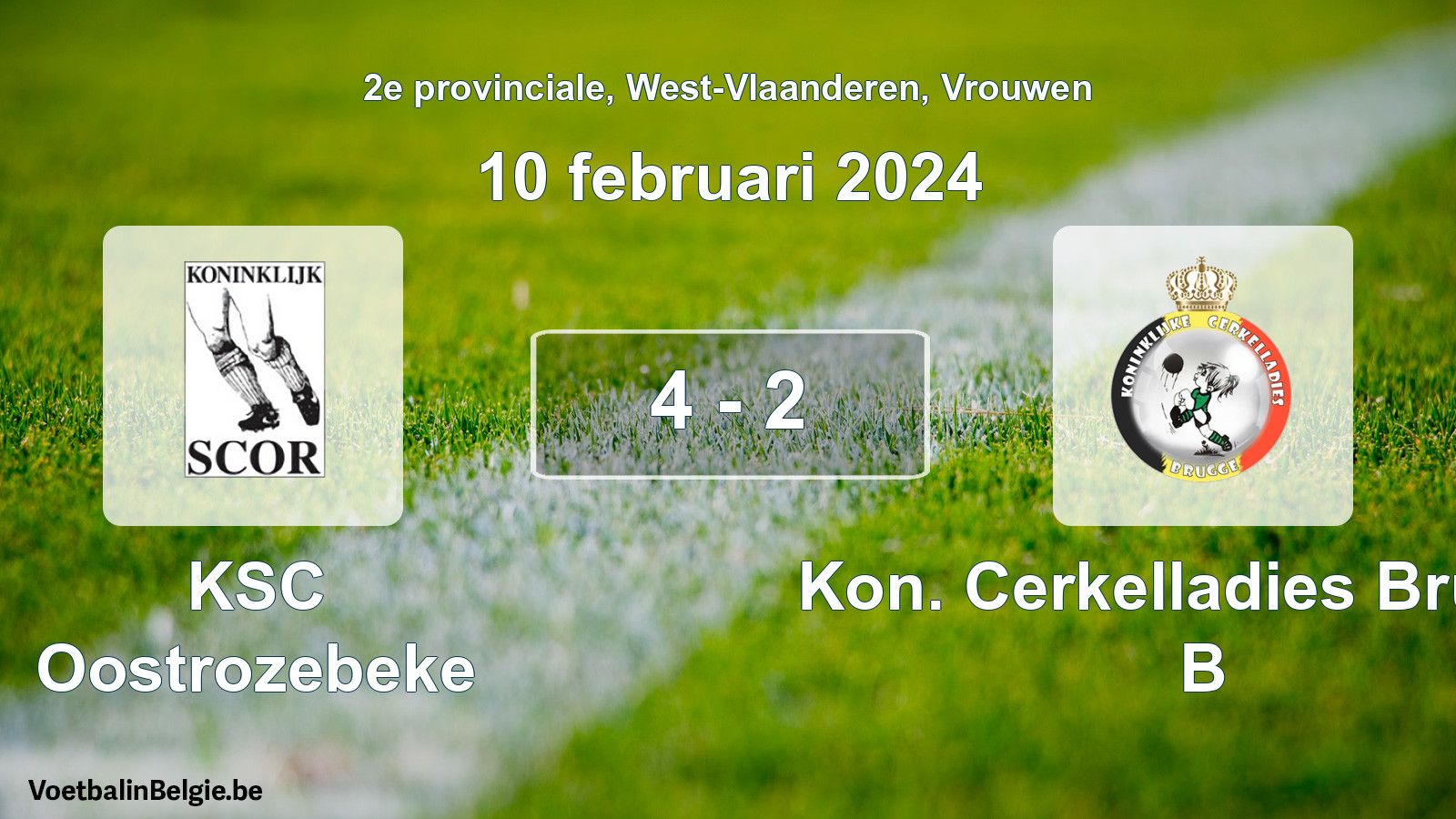 Gespeelde wedstrijd vrouwenvoetbal: KSC Oostrozebeke - Kon. Cerkelladies Brugge B 4 - 2 (10 februari 2024)