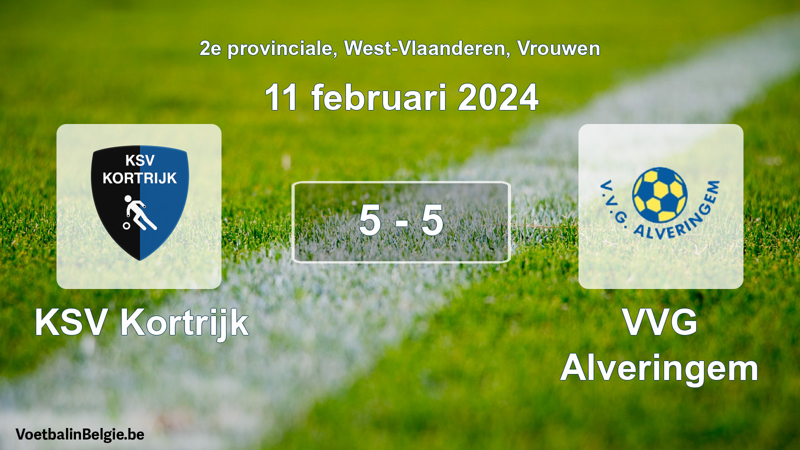 Gespeelde wedstrijd vrouwenvoetbal: KSV Kortrijk - VVG Alveringem 5 - 5 (11 februari 2024)