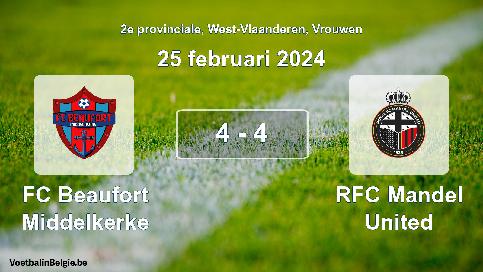 Gespeelde wedstrijd vrouwenvoetbal: FC Beaufort Middelkerke - RFC Mandel United 4 - 4 (25 februari 2024)