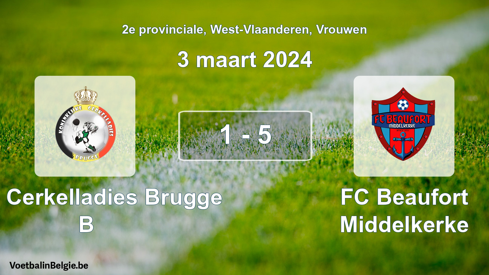 Gespeelde wedstrijd vrouwenvoetbal: Kon. Cerkelladies Brugge B - FC Beaufort Middelkerke 1 - 5 (3 maart 2024)