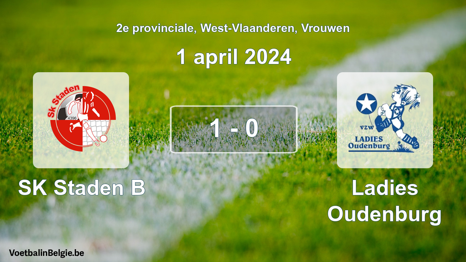 Gespeelde wedstrijd vrouwenvoetbal: SK Staden B - Ladies Oudenburg 1 - 0 (1 april 2024)