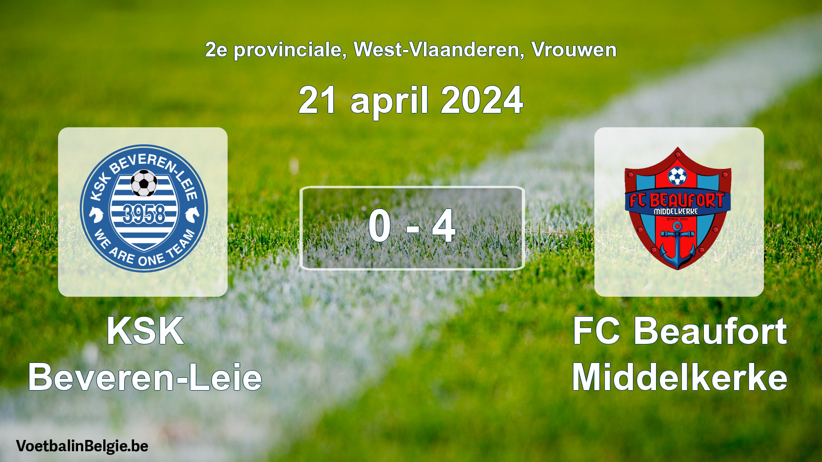 Played match women football: KSK Beveren-Leie - FC Beaufort Middelkerke 0 - 4 (21 April 2024)