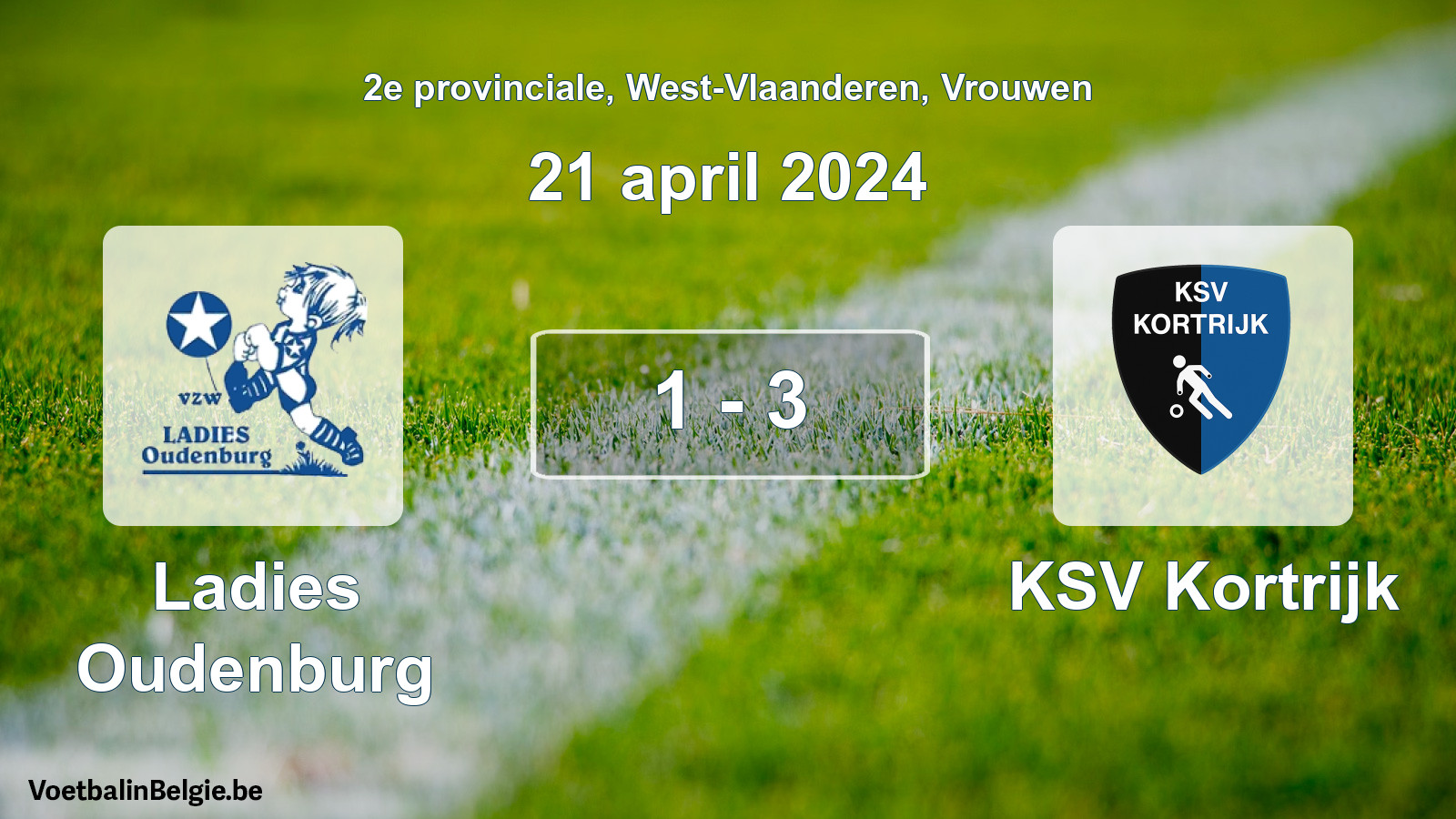 Gespeelde wedstrijd vrouwenvoetbal: Ladies Oudenburg - KSV Kortrijk 1 - 3 (21 april 2024)