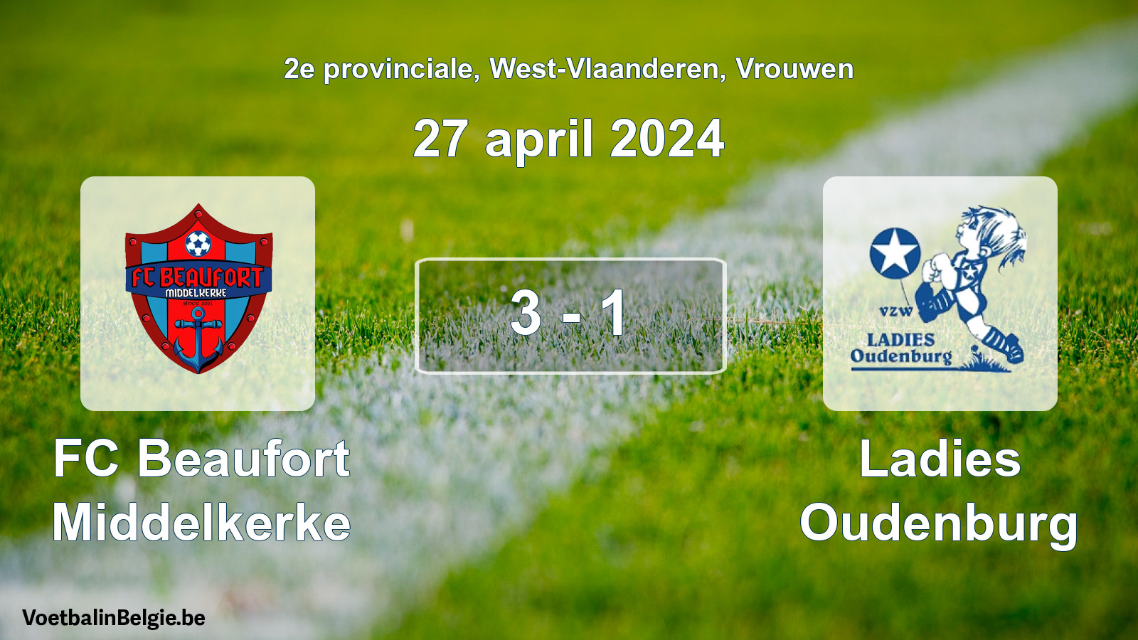 Gespeelde wedstrijd vrouwenvoetbal: FC Beaufort Middelkerke - Ladies Oudenburg 3 - 1 (27 april 2024)