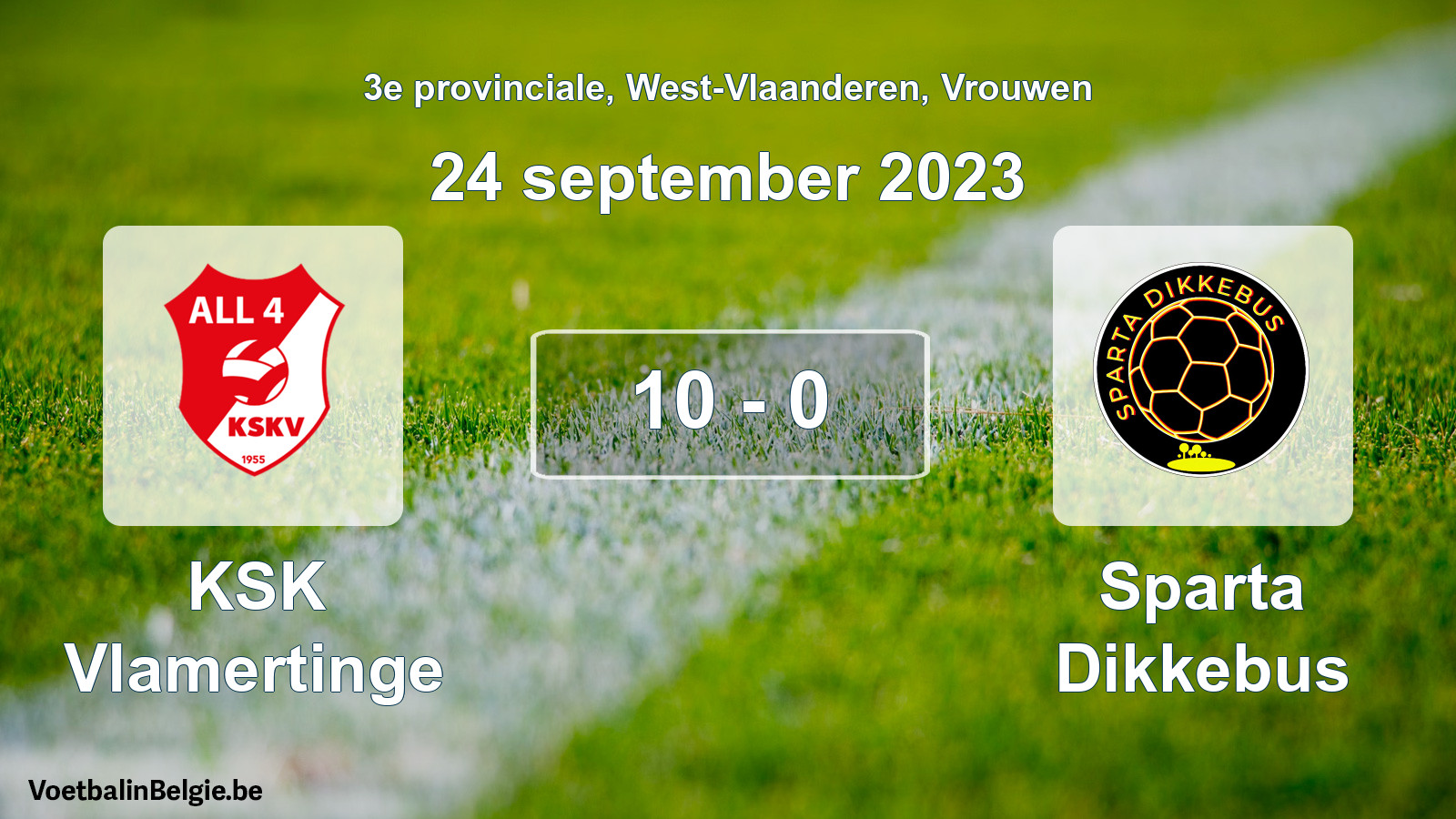 Gespeelde wedstrijd vrouwenvoetbal: KSK Vlamertinge - Sparta Dikkebus 10 - 0 (24 september 2023)