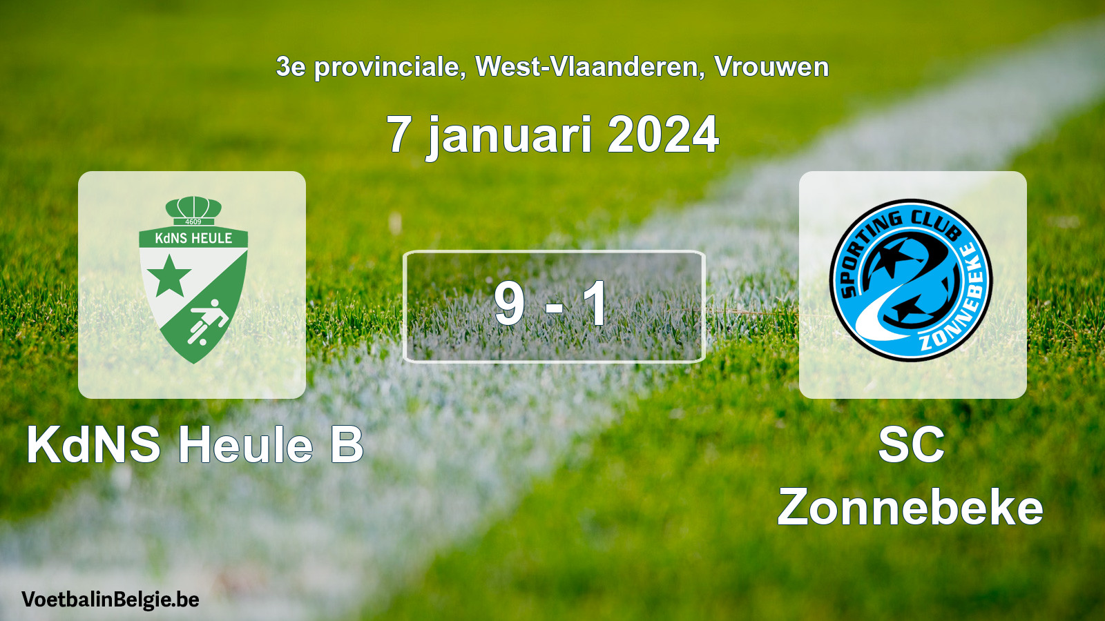 Gespeelde wedstrijd vrouwenvoetbal: KdNS Heule B - SC Zonnebeke 9 - 1 (7 januari 2024)