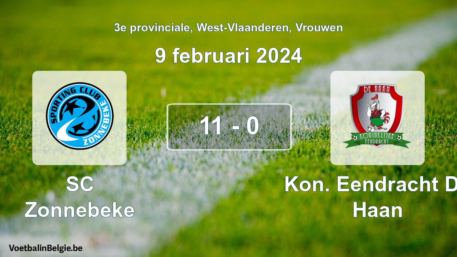 Gespeelde wedstrijd vrouwenvoetbal: SC Zonnebeke - Kon. Eendracht De Haan 11 - 0 (9 februari 2024)