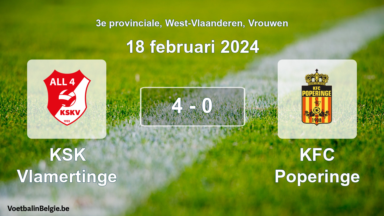 Gespeelde wedstrijd vrouwenvoetbal: KSK Vlamertinge - KFC Poperinge 4 - 0 (18 februari 2024)