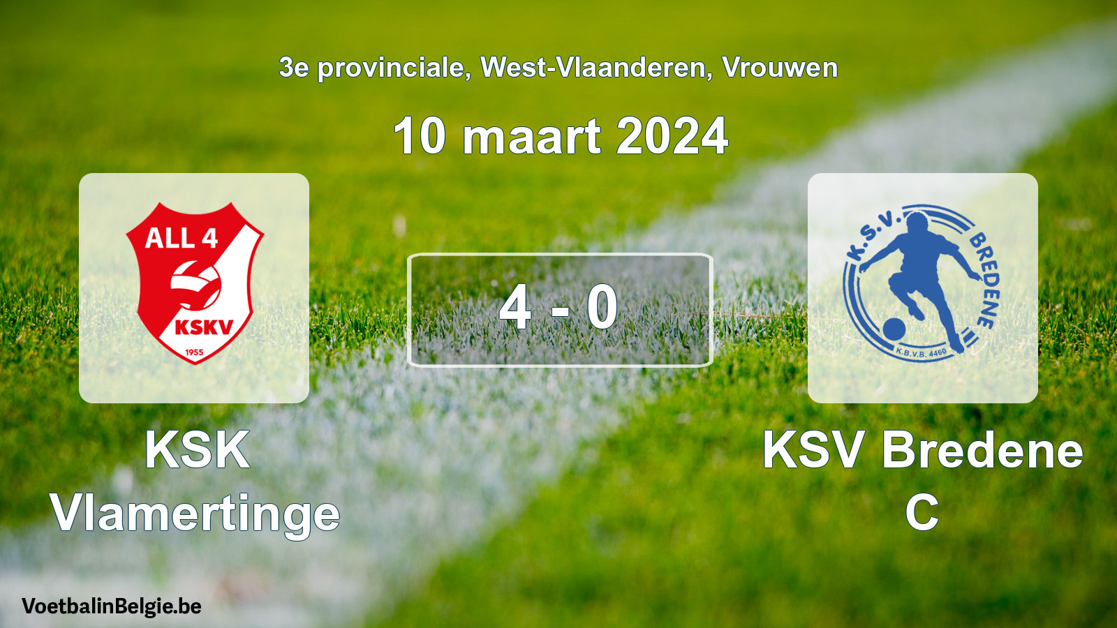 Gespeelde wedstrijd vrouwenvoetbal: KSK Vlamertinge - KSV Bredene C 4 - 0 (10 maart 2024)