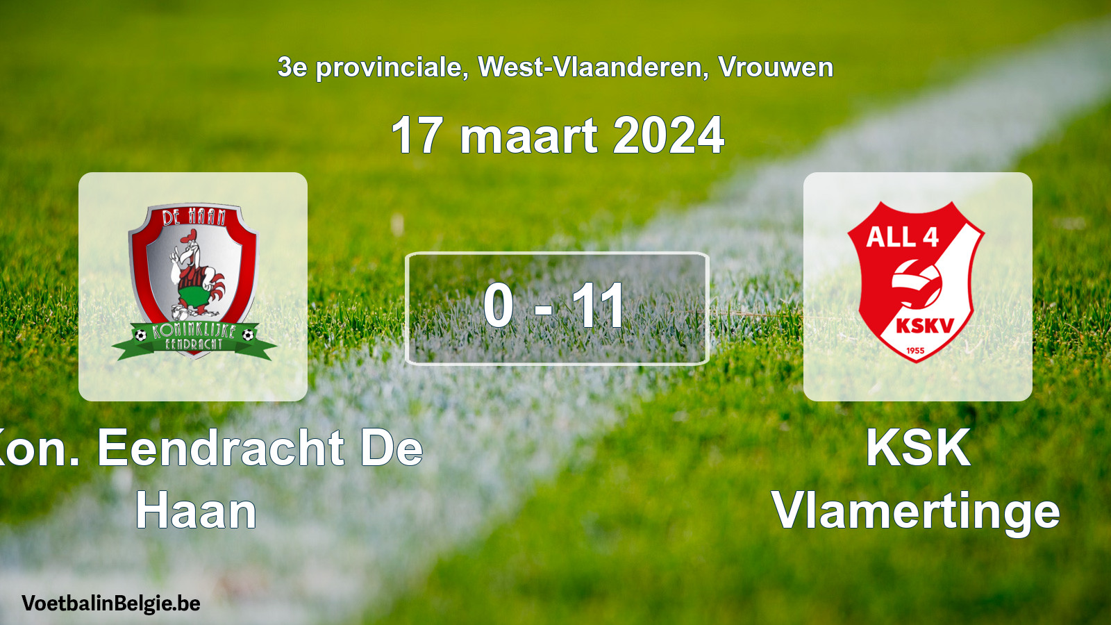 Gespeelde wedstrijd vrouwenvoetbal: Kon. Eendracht De Haan - KSK Vlamertinge 0 - 11 (17 maart 2024)