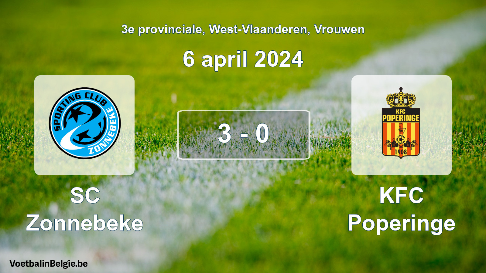 Gespeelde wedstrijd vrouwenvoetbal: SC Zonnebeke - KFC Poperinge 3 - 0 (6 april 2024)