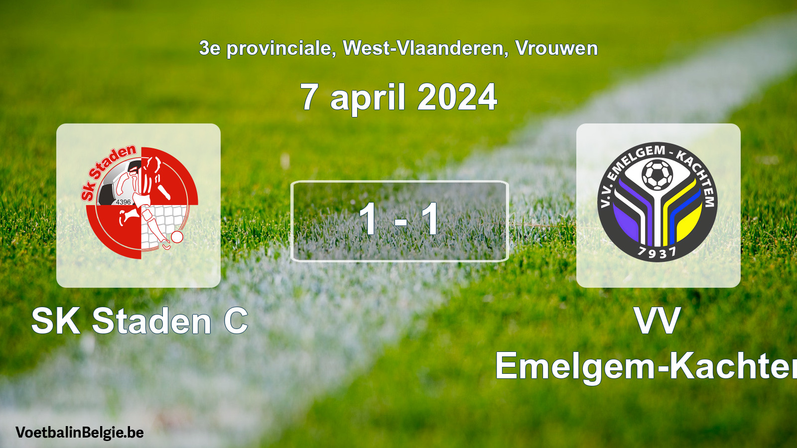 Gespeelde wedstrijd vrouwenvoetbal: SK Staden C - VV Emelgem-Kachtem 1 - 1 (7 april 2024)