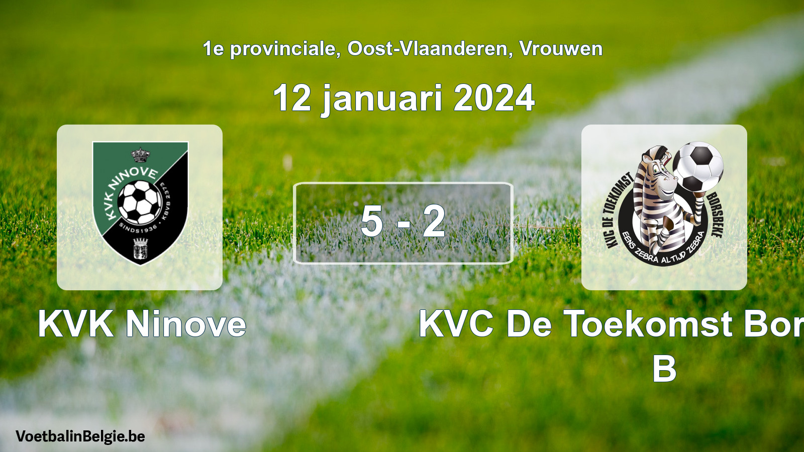 Gespeelde wedstrijd vrouwenvoetbal: KVK Ninove - KVC De Toekomst Borsbeke B 5 - 2 (12 januari 2024)