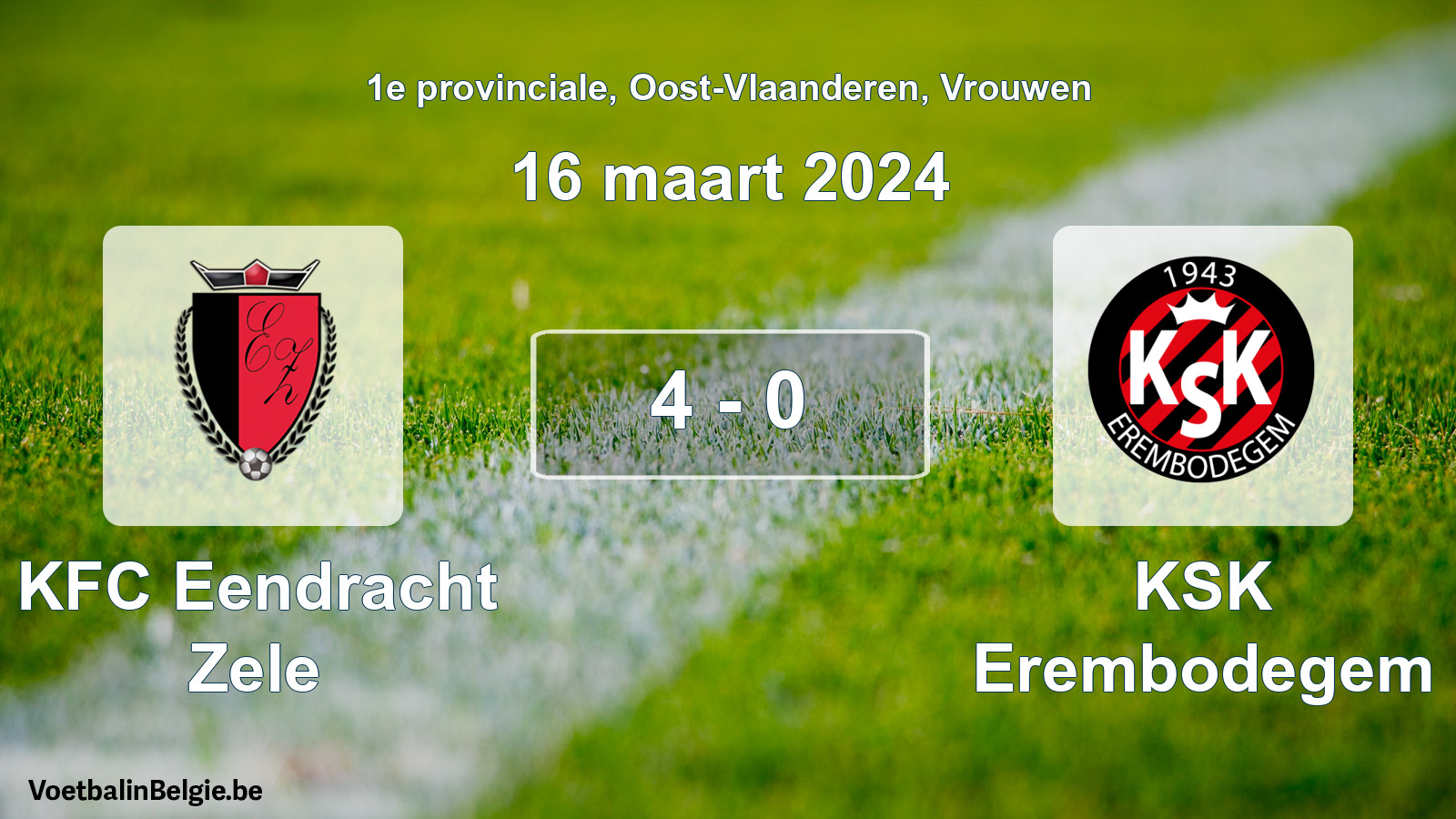 Gespeelde wedstrijd vrouwenvoetbal: KFC Eendracht Zele - KSK Erembodegem 4 - 0 (16 maart 2024)