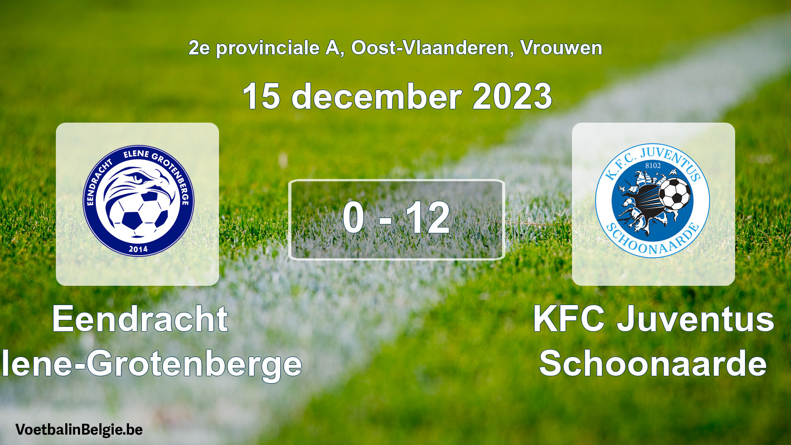 Gespeelde wedstrijd vrouwenvoetbal: Eendracht Elene-Grotenberge - KFC Juventus Schoonaarde 0 - 12 (15 december 2023)