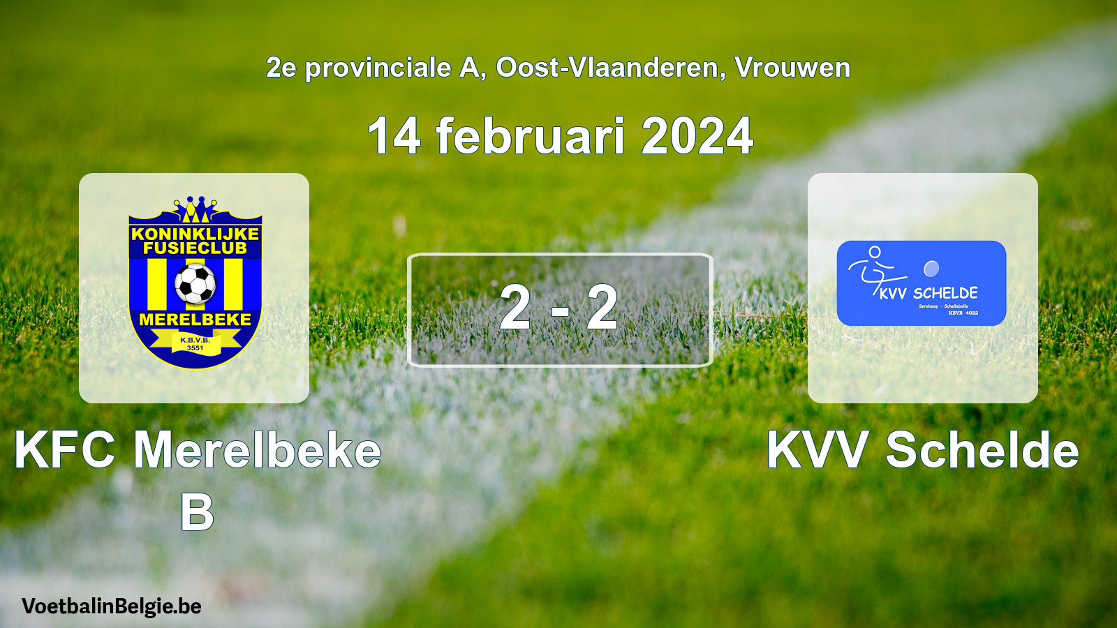 Gespeelde wedstrijd vrouwenvoetbal: KFC Merelbeke B - KVV Schelde 2 - 2 (14 februari 2024)