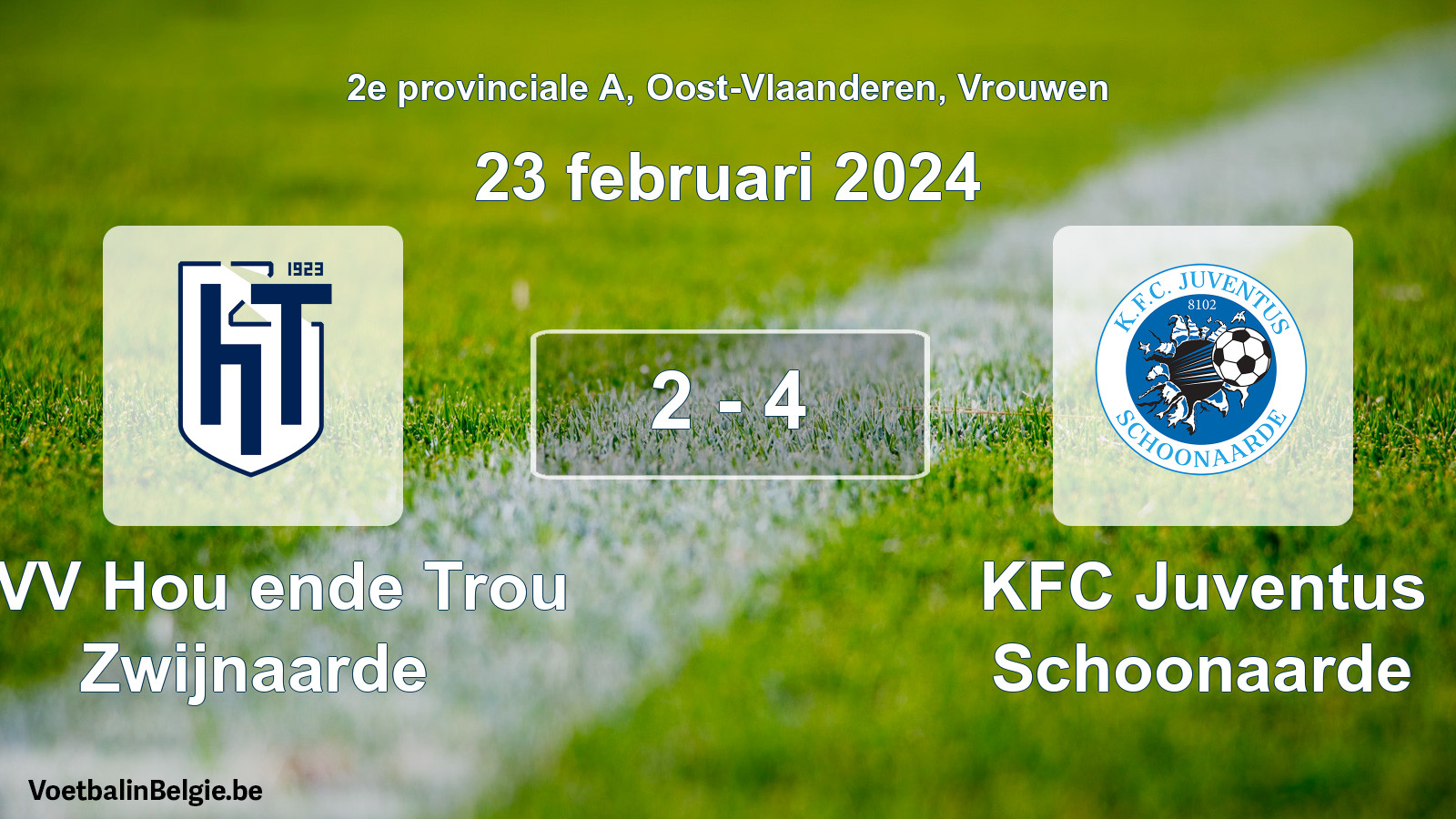 Gespeelde wedstrijd vrouwenvoetbal: KVV Hou ende Trou Zwijnaarde - KFC Juventus Schoonaarde 2 - 4 (23 februari 2024)