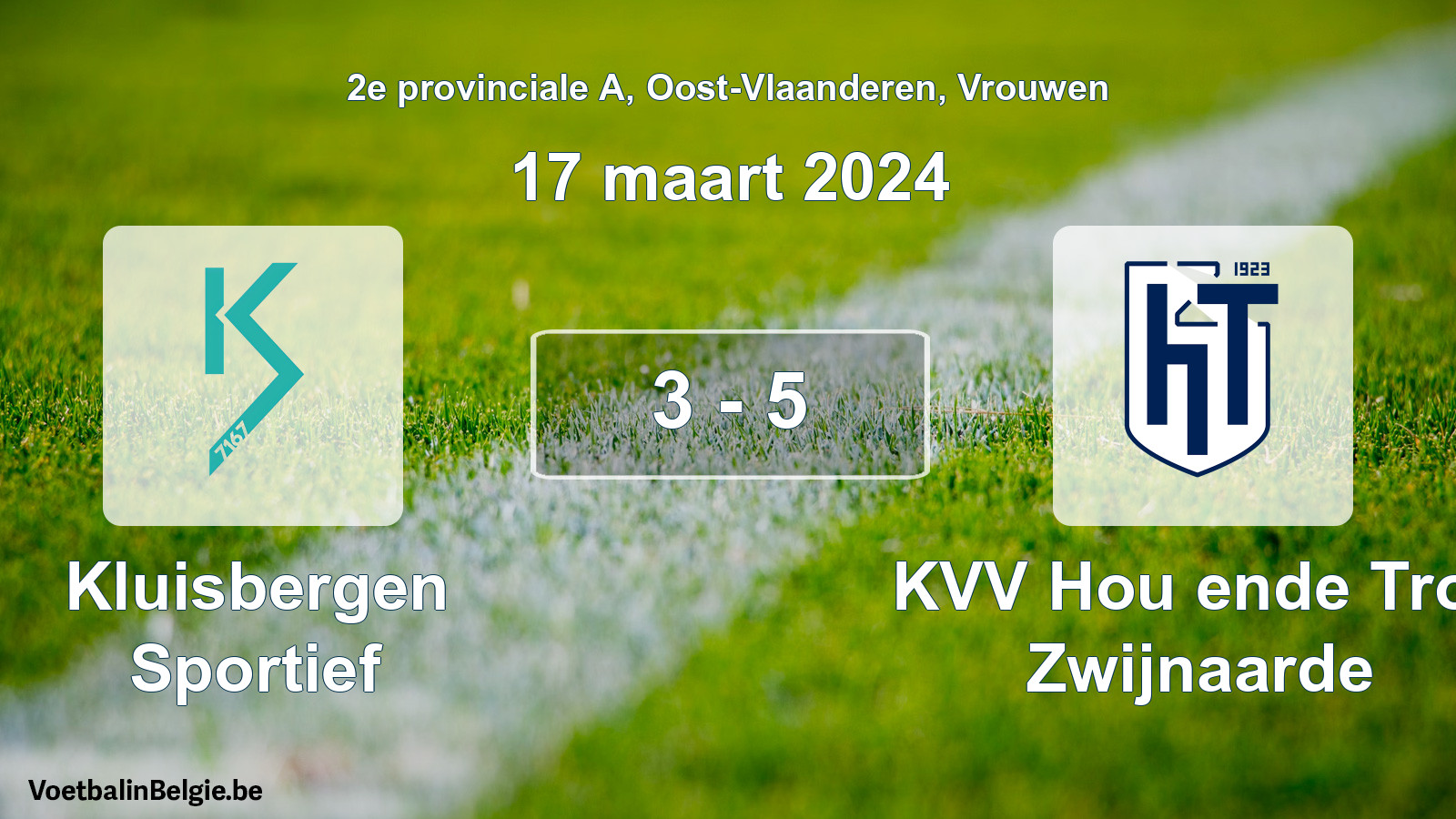 Gespeelde wedstrijd vrouwenvoetbal: Kluisbergen Sportief - KVV Hou ende Trou Zwijnaarde 3 - 5 (17 maart 2024)