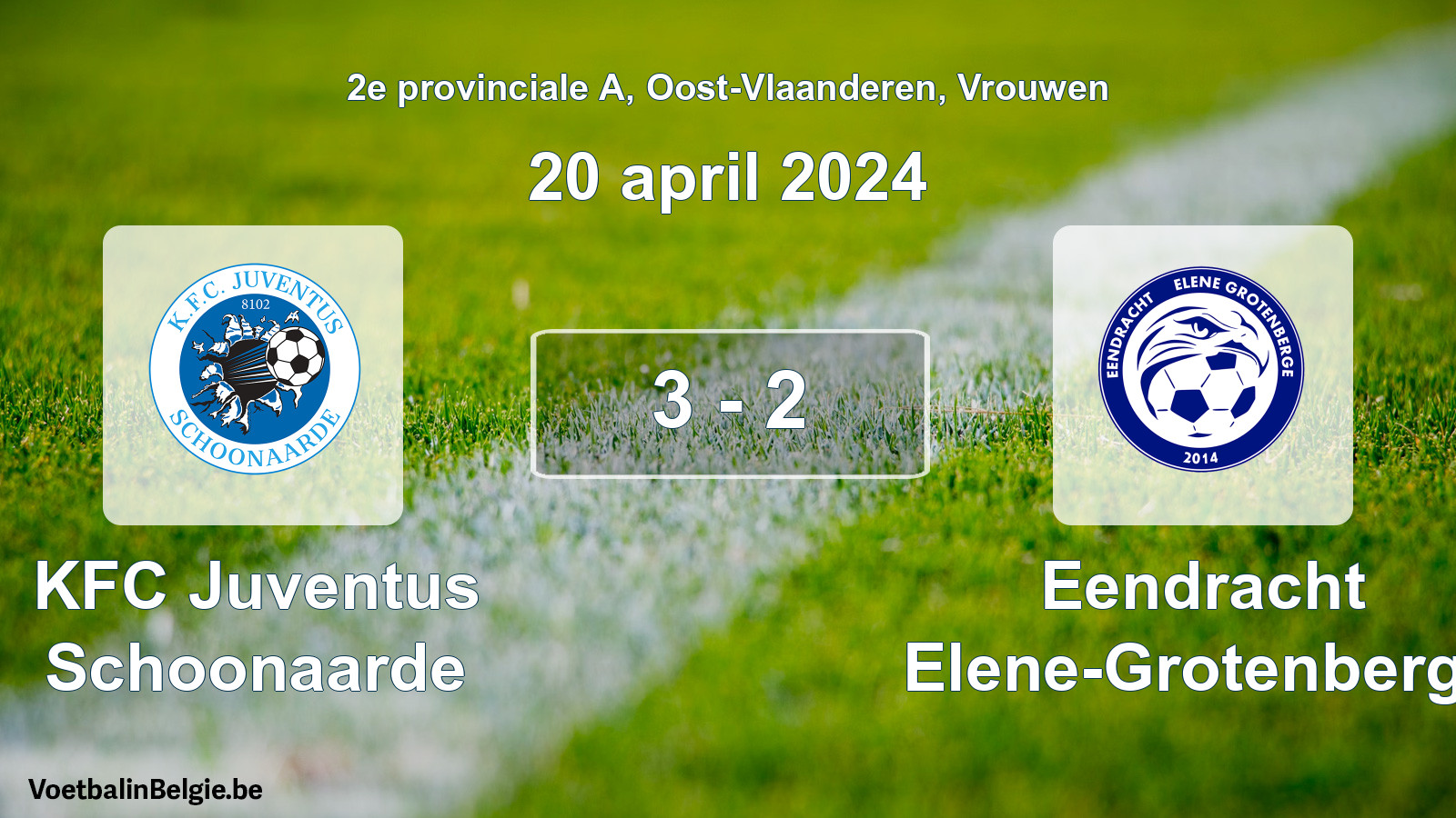 Gespeelde wedstrijd vrouwenvoetbal: KFC Juventus Schoonaarde - Eendracht Elene-Grotenberge 3 - 2 (20 april 2024)