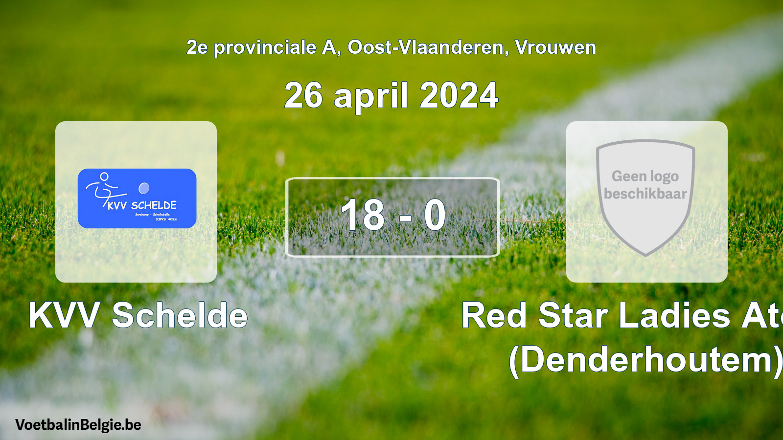 Gespeelde wedstrijd vrouwenvoetbal: KVV Schelde - Red Star Ladies Atom (Denderhoutem) 18 - 0 (26 april 2024)