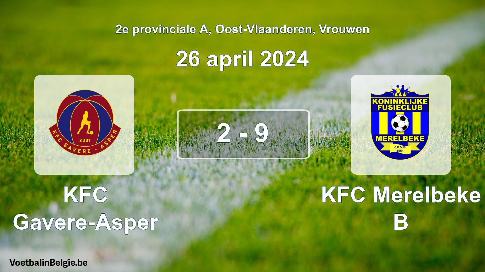 Gespeelde wedstrijd vrouwenvoetbal: KFC Gavere-Asper - KFC Merelbeke B 2 - 9 (26 april 2024)