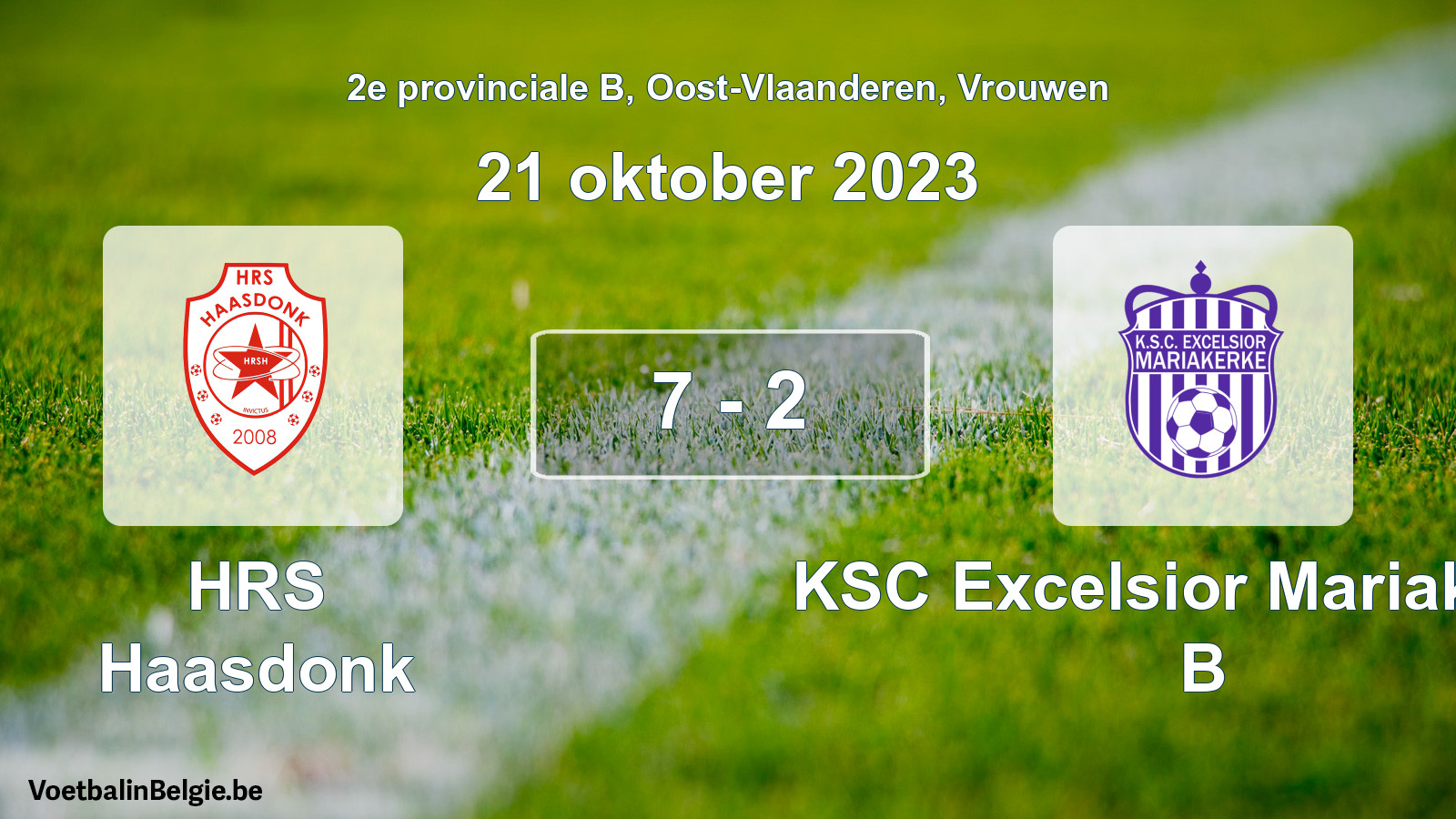 Gespeelde wedstrijd vrouwenvoetbal: HRS Haasdonk - KSC Excelsior Mariakerke B 7 - 2 (21 oktober 2023)
