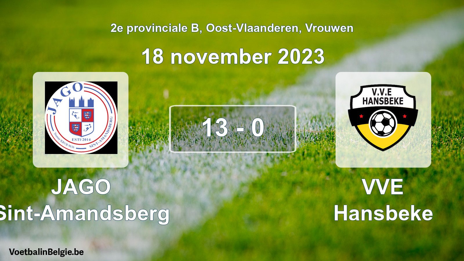 Gespeelde wedstrijd vrouwenvoetbal: JAGO Sint-Amandsberg - VVE Hansbeke 13 - 0 (18 november 2023)