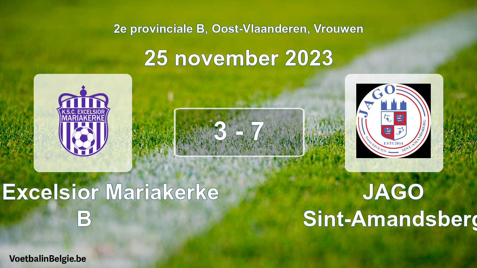 Gespeelde wedstrijd vrouwenvoetbal: KSC Excelsior Mariakerke B - JAGO Sint-Amandsberg 3 - 7 (25 november 2023)
