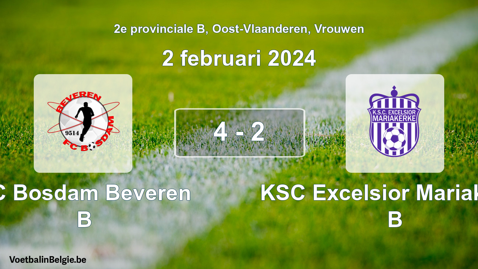 Gespeelde wedstrijd vrouwenvoetbal: FC Bosdam Beveren B - KSC Excelsior Mariakerke B 4 - 2 (2 februari 2024)