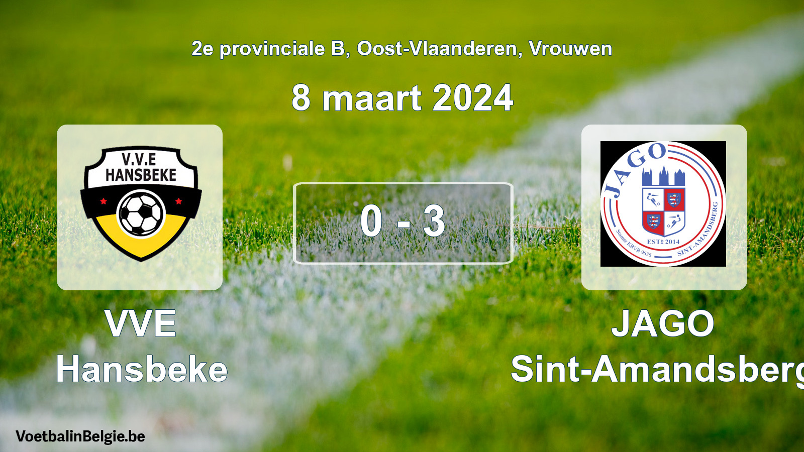 Gespeelde wedstrijd vrouwenvoetbal: VVE Hansbeke - JAGO Sint-Amandsberg 0 - 3 (8 maart 2024)