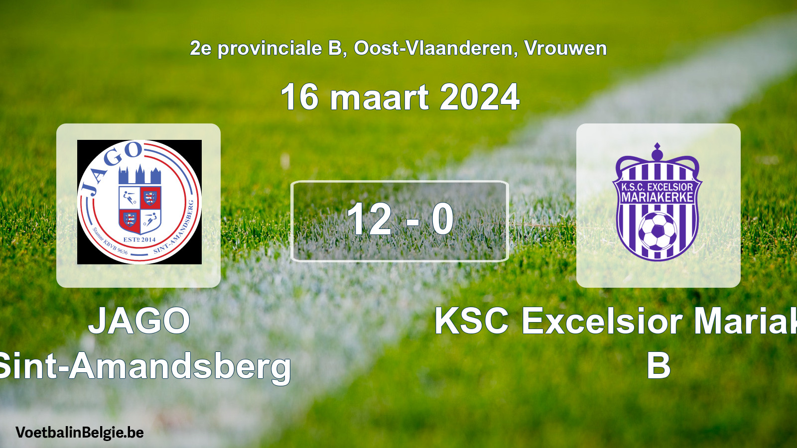 Gespeelde wedstrijd vrouwenvoetbal: JAGO Sint-Amandsberg - KSC Excelsior Mariakerke B 12 - 0 (16 maart 2024)