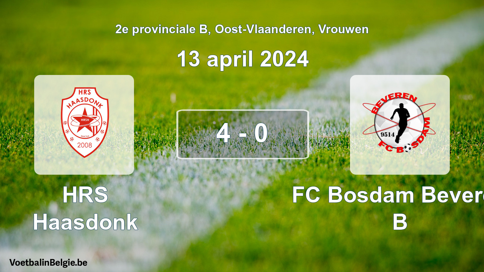 Gespeelde wedstrijd vrouwenvoetbal: HRS Haasdonk - FC Bosdam Beveren B 4 - 0 (13 april 2024)