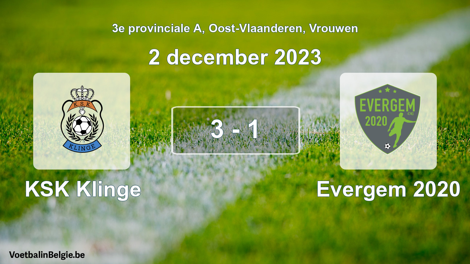 Gespeelde wedstrijd vrouwenvoetbal: KSK Klinge - Evergem 2020 3 - 1 (2 december 2023)