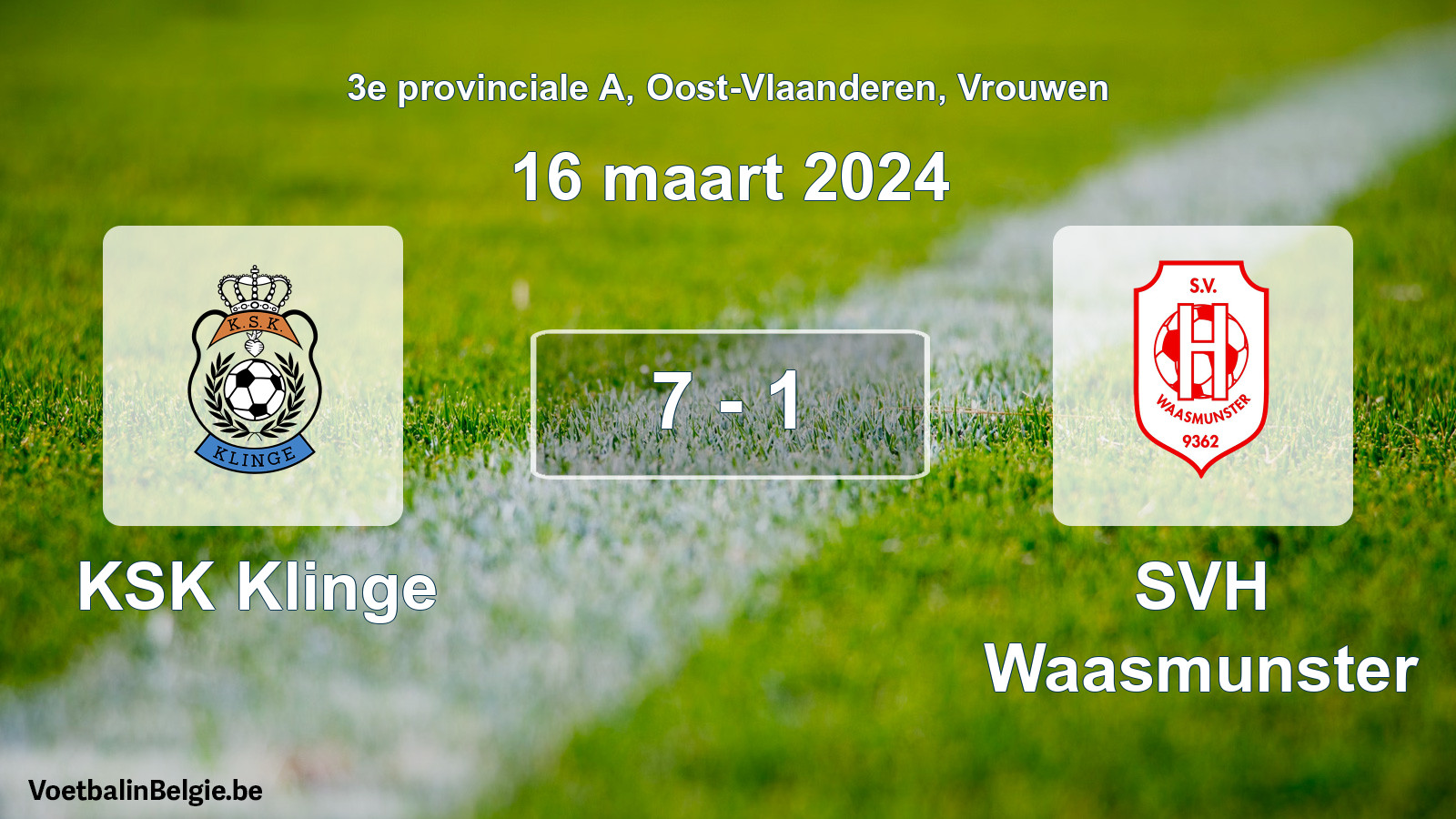 Gespeelde wedstrijd vrouwenvoetbal: KSK Klinge - SVH Waasmunster 7 - 1 (16 maart 2024)