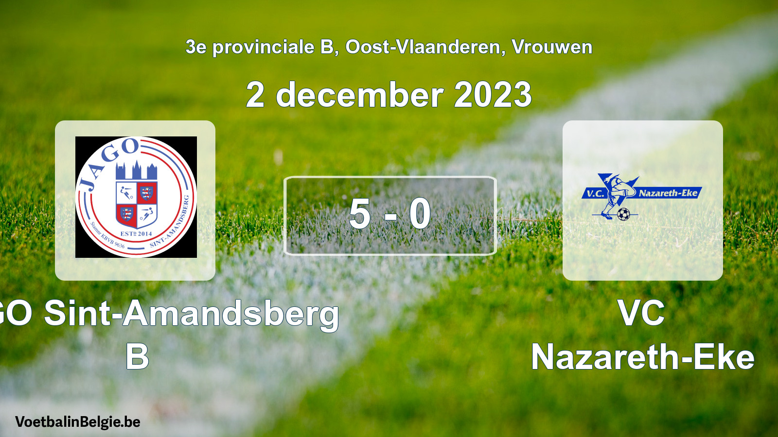 Gespeelde wedstrijd vrouwenvoetbal: JAGO Sint-Amandsberg B - VC Nazareth-Eke 5 - 0 (2 december 2023)