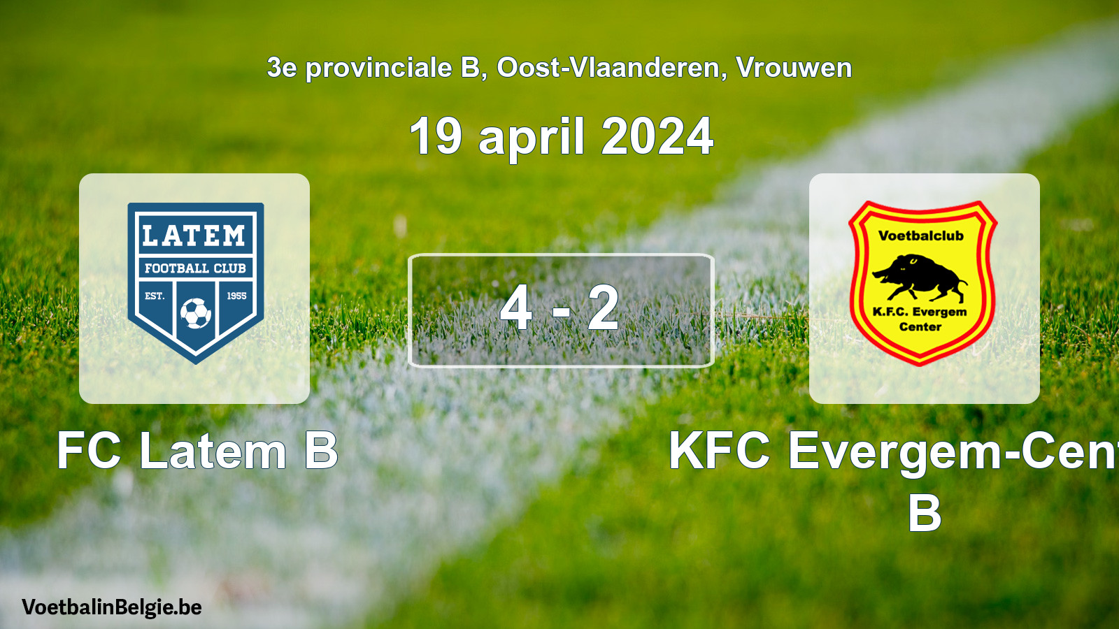 Gespeelde wedstrijd vrouwenvoetbal: FC Latem B - KFC Evergem-Center B 4 - 2 (19 april 2024)