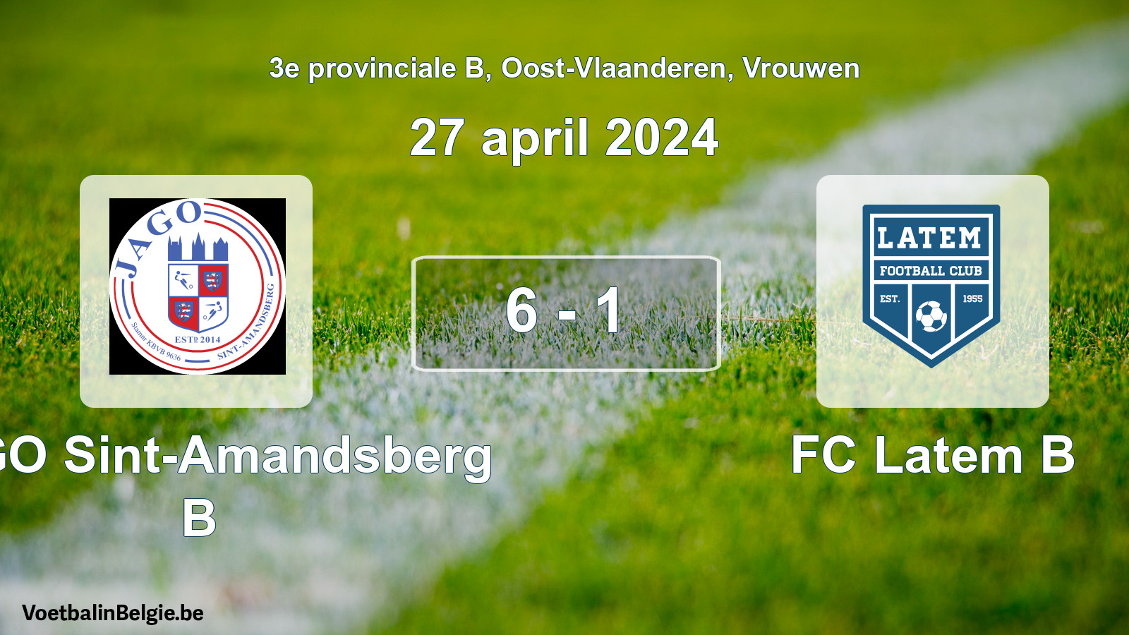 Gespeelde wedstrijd vrouwenvoetbal: JAGO Sint-Amandsberg B - FC Latem B 6 - 1 (27 april 2024)