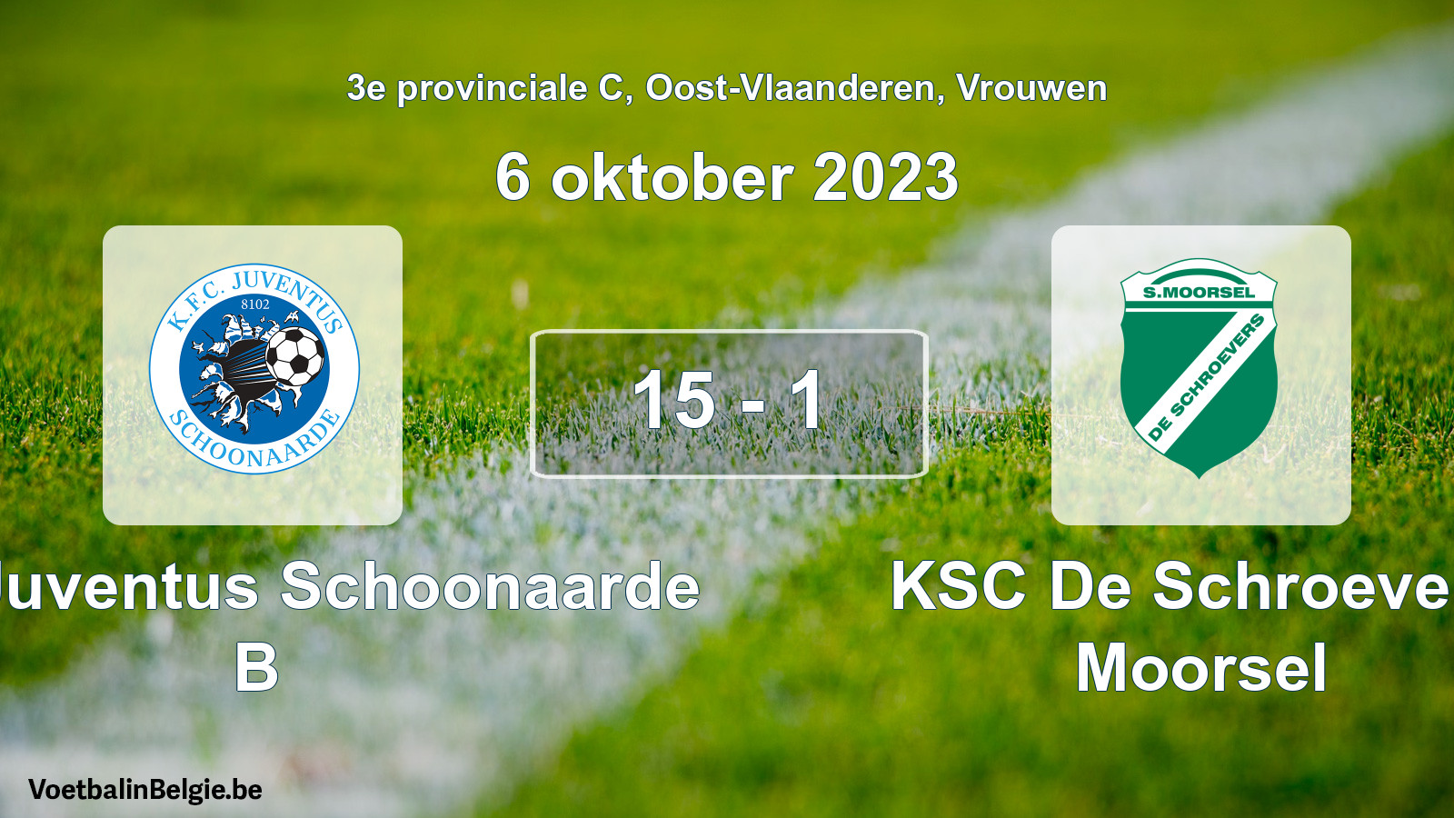 Gespeelde wedstrijd vrouwenvoetbal: KFC Juventus Schoonaarde B - KSC De Schroevers Moorsel 15 - 1 (6 oktober 2023)