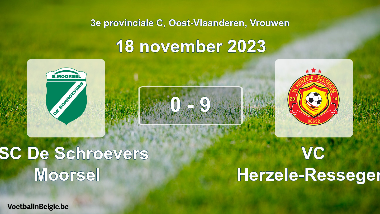 Gespeelde wedstrijd vrouwenvoetbal: KSC De Schroevers Moorsel - VC Herzele-Ressegem 0 - 9 (18 november 2023)