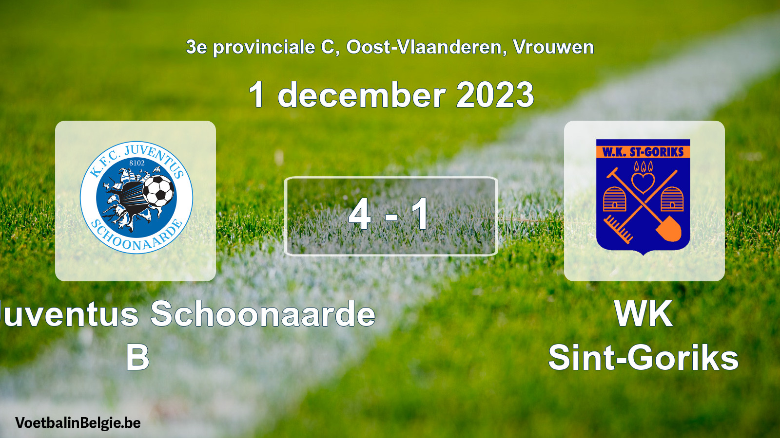 Gespeelde wedstrijd vrouwenvoetbal: KFC Juventus Schoonaarde B - WK Sint-Goriks 4 - 1 (1 december 2023)