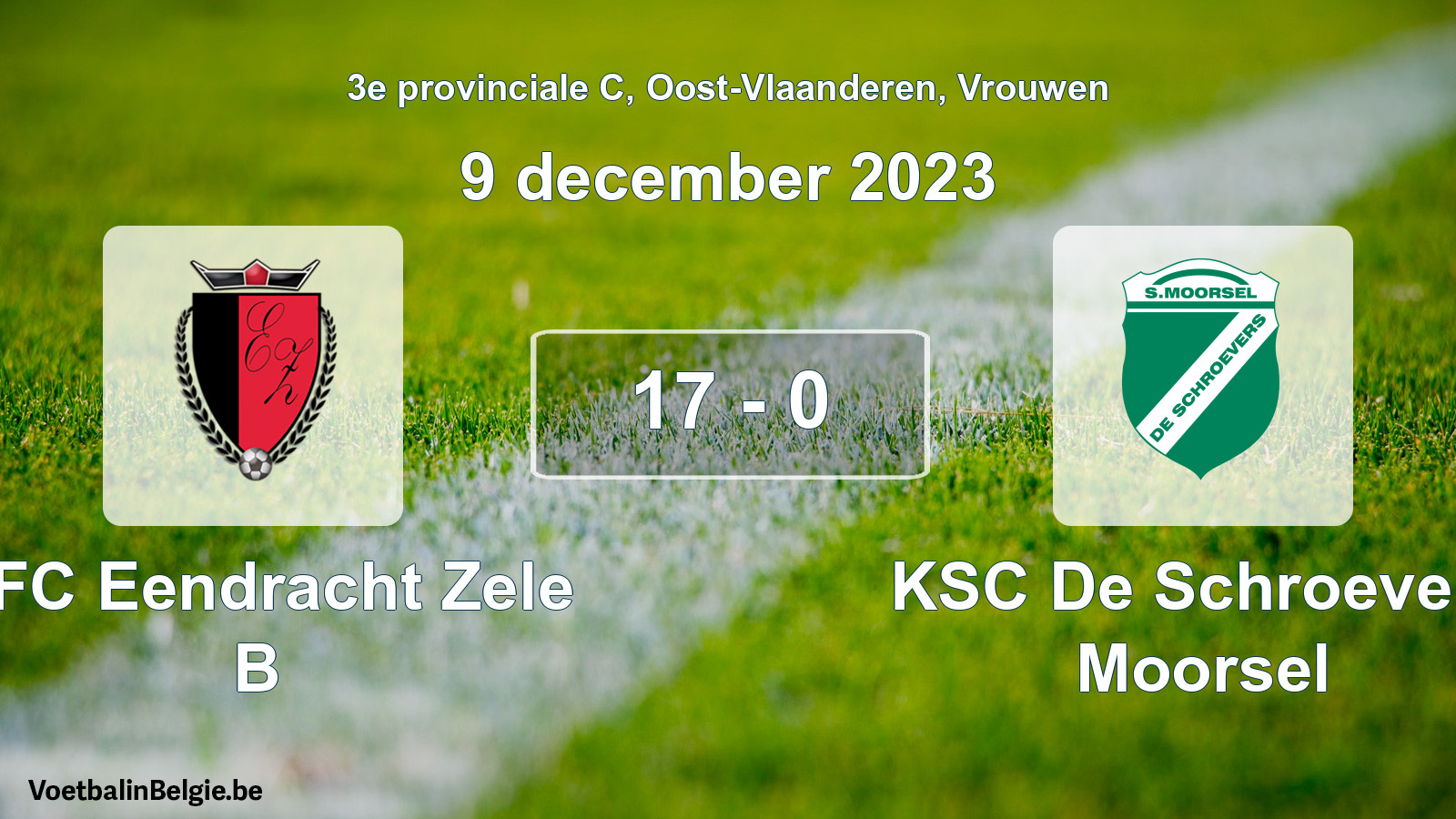 Gespeelde wedstrijd vrouwenvoetbal: KFC Eendracht Zele B - KSC De Schroevers Moorsel 17 - 0 (9 december 2023)